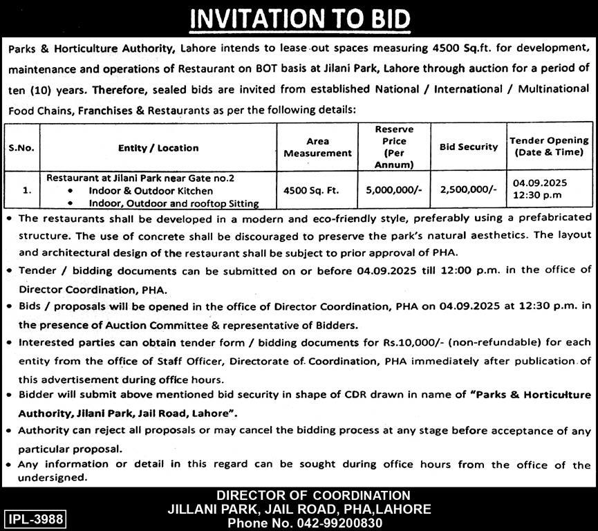 Parks & Horticulture Authority Lahore Tender Notice